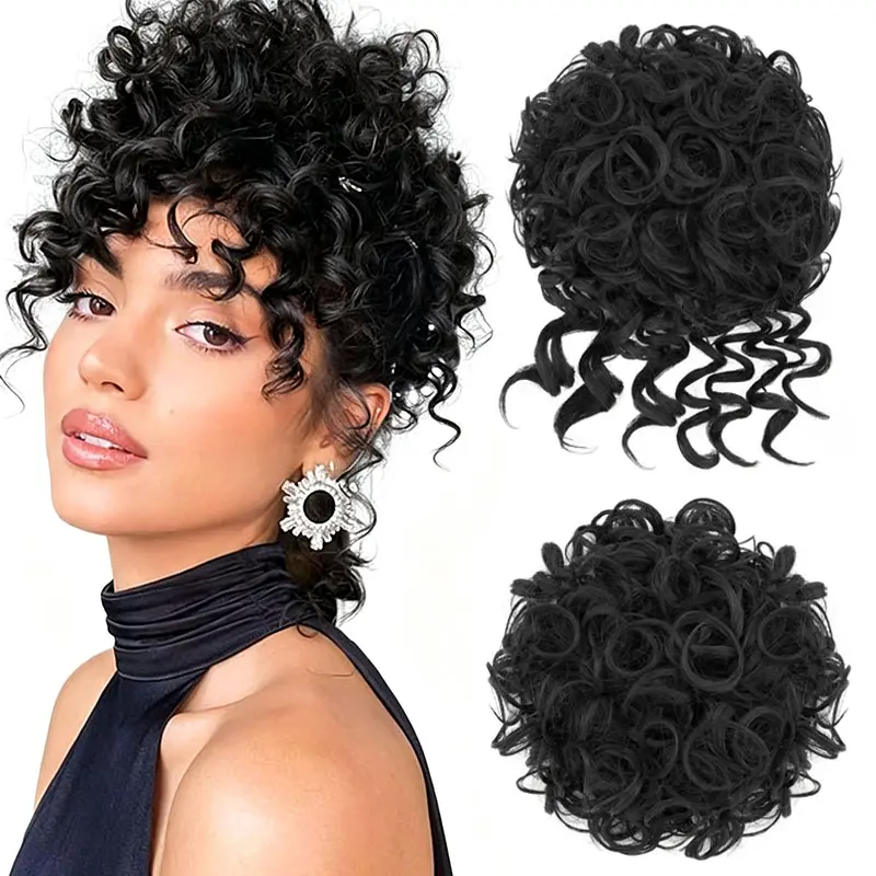 MY-LADY Women's Synthetic Fiber Short Curly Texture Hair Extensions - Drawstring-Clip In Afro Puff Chignon, Messy Updos Short Pieces for Female Wear, Drawstring Ponytails