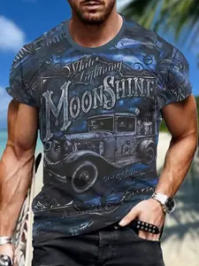 Men'S Vintage Car & Moonshine Graphic T-Shirt - 3D All-Over Print, Breathable Short Sleeve Round Neck Tee, Machine Washable Regular Fit for Outdoor Activities, Durable Summer Casual & Sportswear, PLUS SIZE, PLUS SIZE