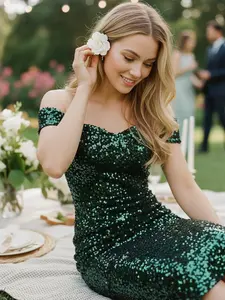 Green 1960s Sequins Off-Shoulder Pencil Dress for Women Formal Polyester Womenswear Zipper Workwear Basic Minimalist Knee Length