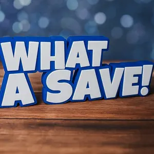 Rocket League Inspired "What A Save!" Quote 3D Printed Blue and Gray Desk Display for Gaming Enthusiasts Modern High-Quality PLA Material Iconic Design Perfect Size for Display