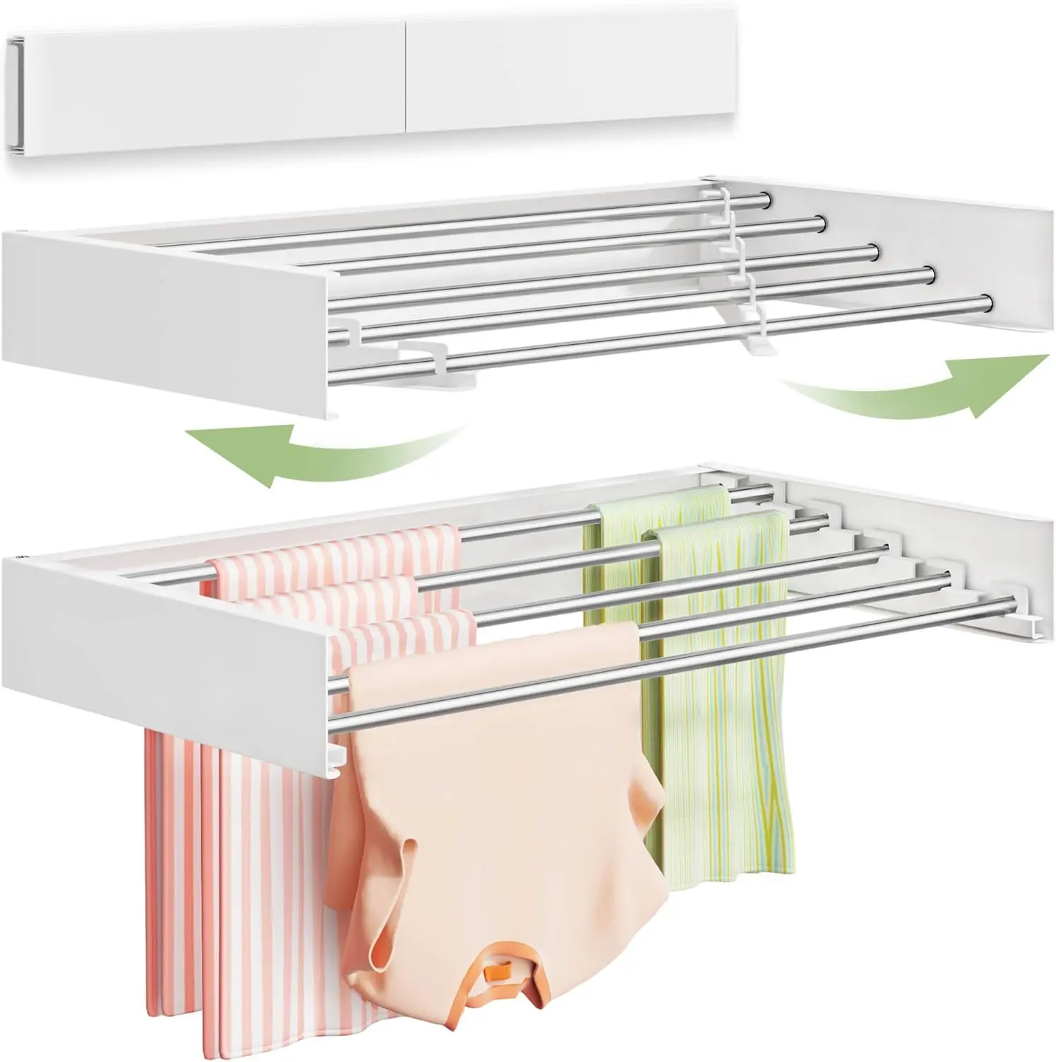 EDENHAUS Metal Wall-Mounted Stainless Steel Laundry Drying Rack Organiser - 32" Retractable Expandable Hanger, 5 Rods, Space-Saving Hidden Design, Wall Template for Easy Installation, Indoor Use Accessories, Functional