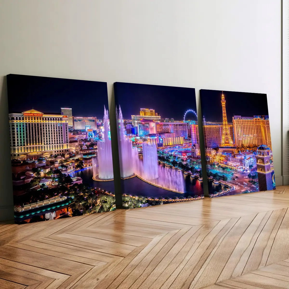 3-Piece Wooden Frame Canvas Prints, Las Vegas Night Scene Neon Theme Posters, Modern Art Home Decor, Artistic Indoor Decoration, High-Definition Waterproof Wall Art, Modern Home Decoration, Decorative Artwork, Modern Art Design, Home Decor Accessory
