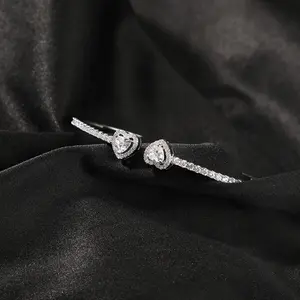 Silver Heart Bangle Bracelet with Rhinestones - Women's Fashion Jewelry