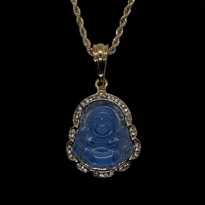 14K Gold Plated Buddha Pendant Gold Plated Buddha Charm with Rhinestones Artificial Jade Gold Filled Buddha Charm Necklace- Blue