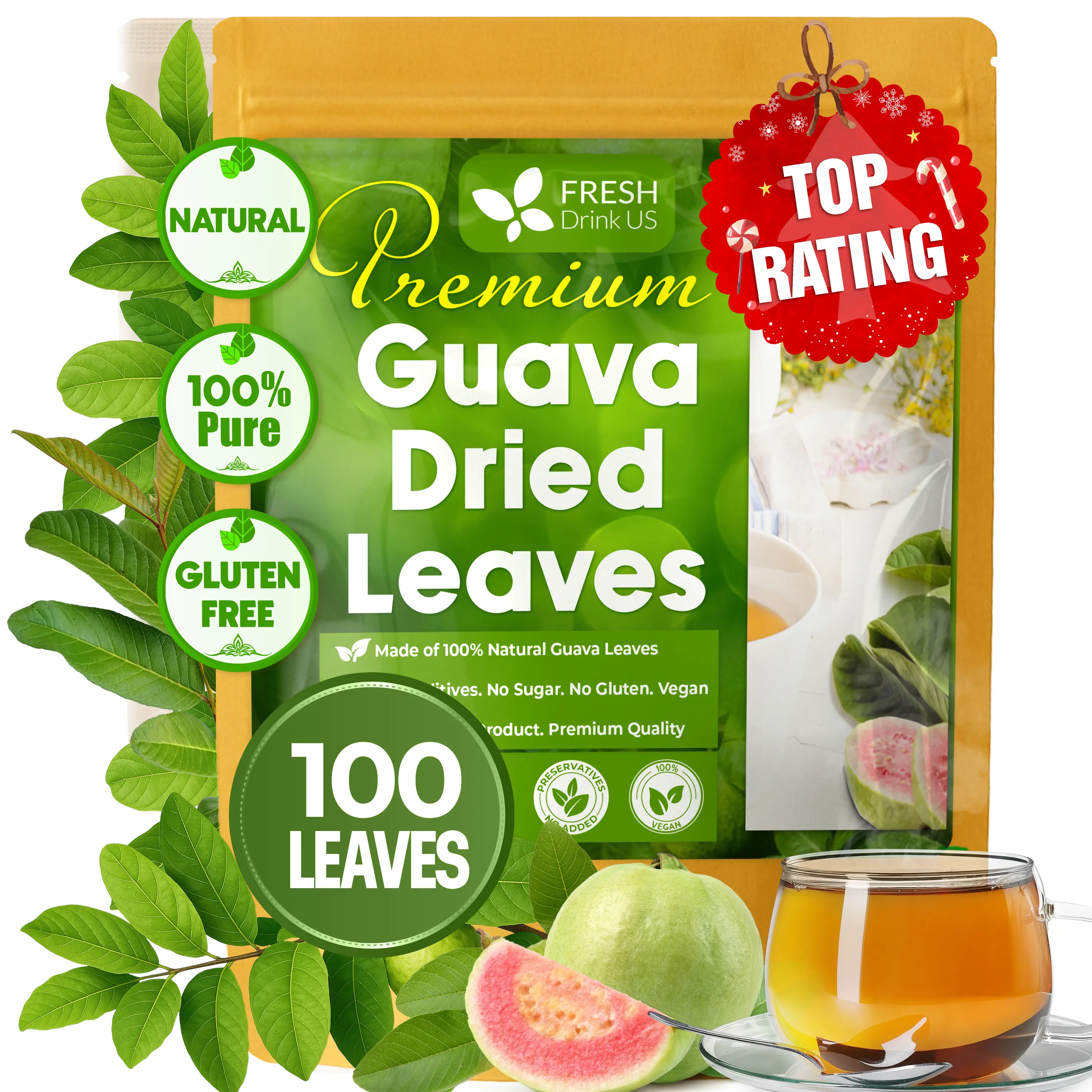 【FreshDrinkUS】 Premium 100+ Natural Guava Leaves, Whole Dried Leaves, 100% Pure from Guava Leaves, Natural Guava Loose Leaf Herbal Tea, No Additives, No Caffeine, Vegan Beverage