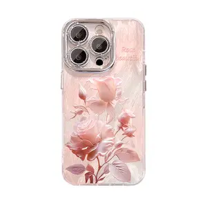 Dusty Pink Rose Pattern Phone Case for iPhone 11/12/13/14/15/16/17 Pro Max,17Air,14/15/16 Plus,X,&XS Max; feather-veil texture design, anti-fingerprint, lens film & full-body drop protection.