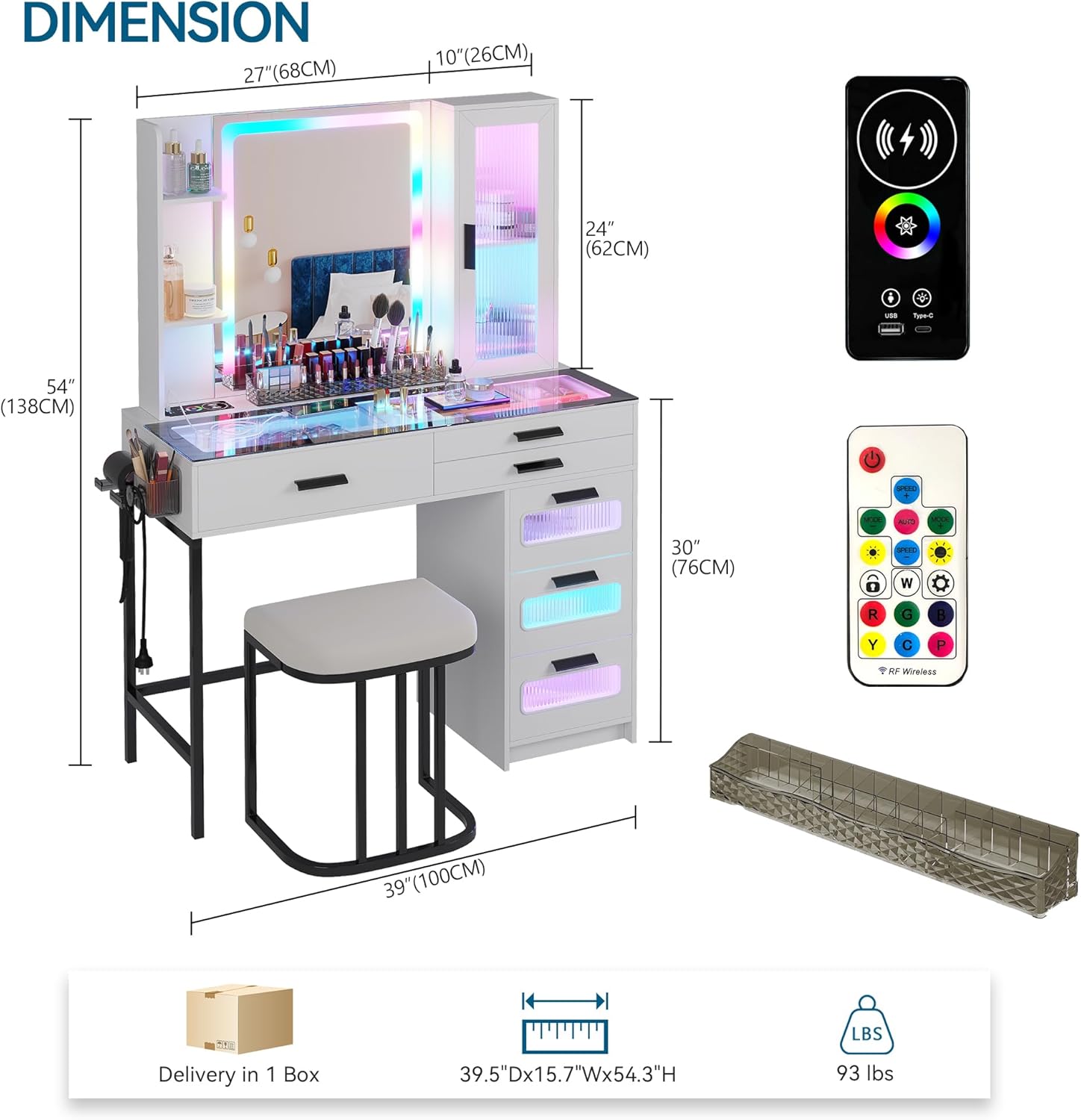 Fluted Makeup Vanity with large storage&RGB Lighting,Vanity Desk with 9 drawer,  Jewelry Oraganizer,Open shelves&Charger Station,Dressing Table Gift for Women/Girls/Lady，White