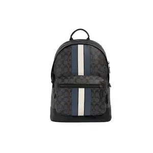 COACH West 35 Signature Canvas Backpack with Blue and White Stripes, Large Capacity Leather, for Men, Black-Grey
