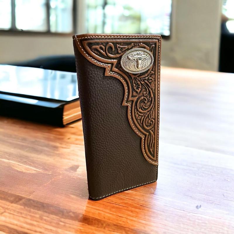 Mens Tooled Long Wallet Longhorn Concho Bifold Card Holder Soft Brown Coffee Leather Western Charm Everyday Use Ultra-strong Stitching Durability