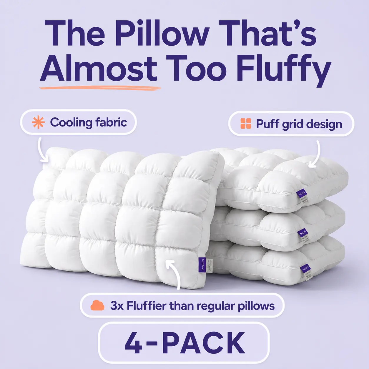 Mellow Sleep | Puff Pillow (4-Pack) – Soft Quilted Puff Grid Design Pillow, Fluffy Plush Bed Pillow with Cloud Like Comfort, Breathable Support Pillow for Side, Back & Stomach Sleepers, Cozy Bed Pillow for Better Sleep