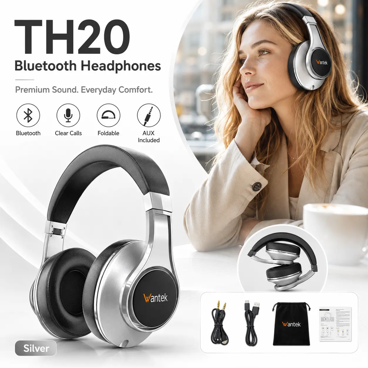 【Prime Pick】Bluetooth Headphones Over Ear, 3D Music Modes, Wireless Headset with Mic, HiFi Stereo, Foldable & Lightweight, Deep Bass for Home, Office, Cellphone, PC, etc. earbuds,TH20