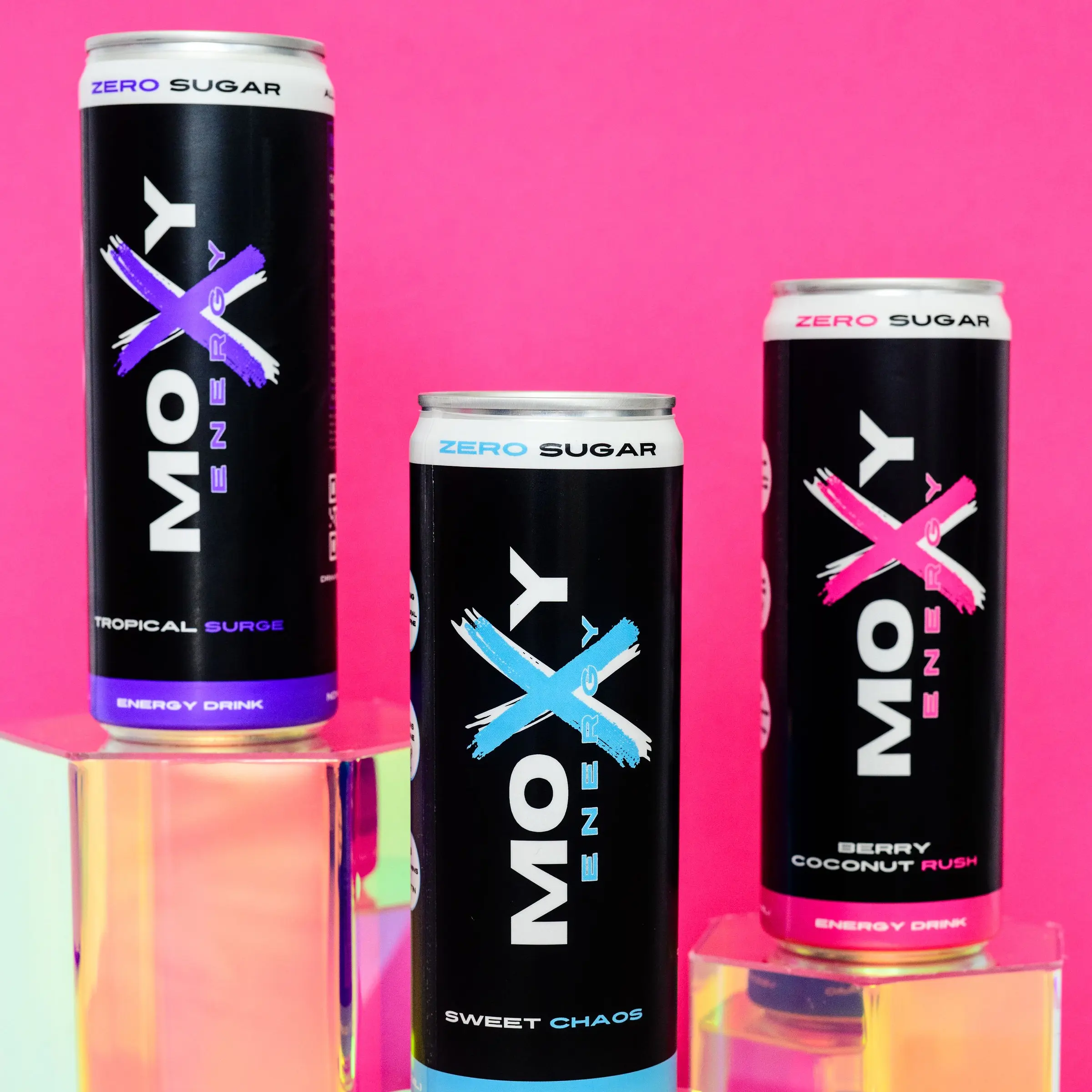 Moxy Energy Variety Case - 12 Pack Zero Sugar Energy Drinks with Natural Caffeine & Lion's Mane Mushrooms No Crash Clean Ingredients - Tropical Surge, Sweet Chaos, Berry Coconut Rush Beverages