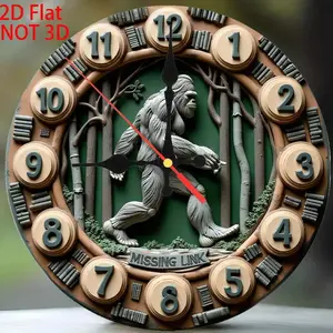 2D Flat Printing, Retro Silent Wall Clock, Room Decoration, "Bigfoot Encounter: Lost Clock", 10 Inches, No Night Light, Wooden Quartz Design, Perfect Choice for Halloween and Christmas, Home/Cafe/Wall Art Decoration, 2D Flat
