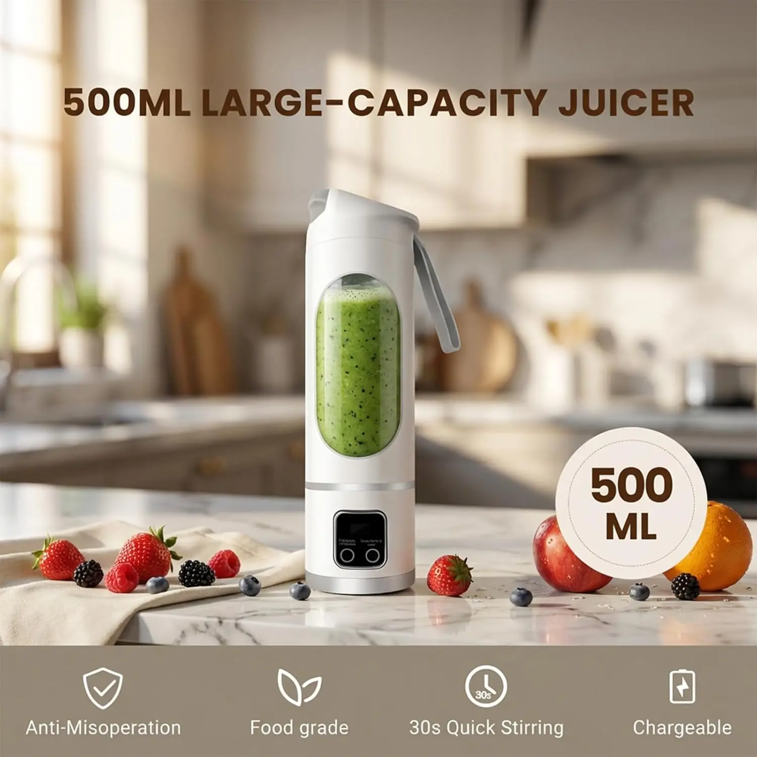 USB Rechargeable Portable Blender 500ml Personal Juicer Cup, Mini Smoothie Maker for Shakes, Protein Drinks & Fruit Mix, Lightweight Travel Kitchen Blender
