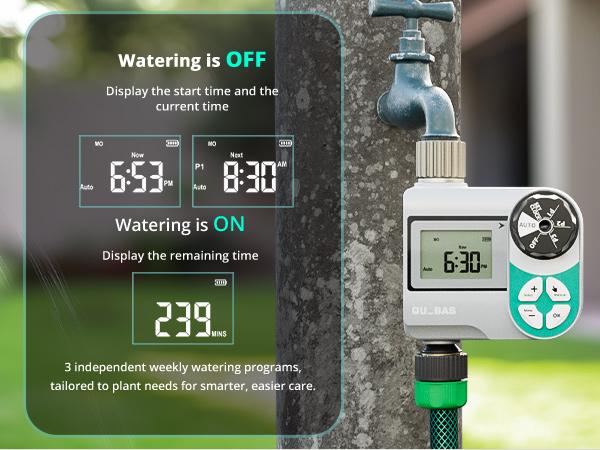 QUOBAS Sprinkler Timer for Garden Hose, Weekly Programmable Digital Water Timer with Rain Delay/Auto/Manual 3 Modes, Drip Irrigation System, Pool, Lawn, Battery Powered, 1 Zone QUOBAS Sprinkler Timer for Garden Hose, Weekly Programmable Digital Water Timer with Rain Delay/Auto/Manual 3 Modes, Drip Irrigation System, Pool, Lawn, Battery Powered, 1 Zone