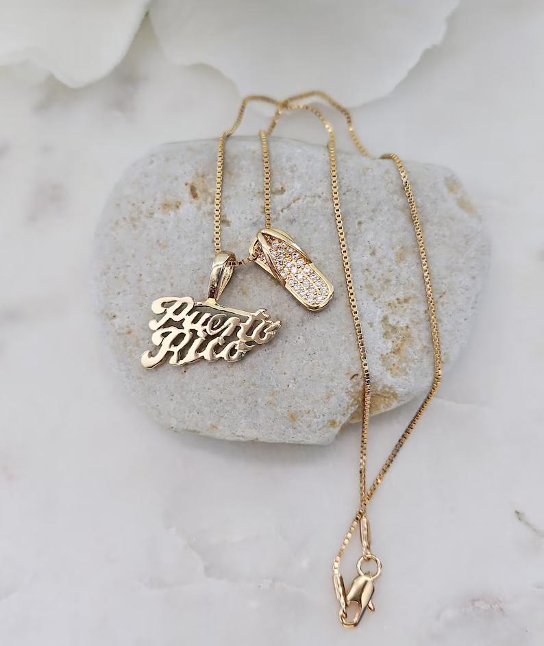 Gold Puerto Rico Necklace  - Choose from Palm Tree, Coqui, Sea Shell, Chancla (Flip Flop) or Happy Sun - 14k Heavy Plated Gold