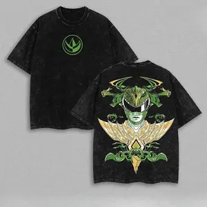 Power Vintage Wash Tee Retro Hero Graphic Shirt Green Ranger Heavyweight Cotton Unisex Oversized Streetwear Casual Daily Wear Soft Comfortable Urban Fashion Top for Men Women