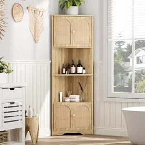 Vabches 67'' Tall Corner Cabinet with Handmade Rattan Doors, Rattan Storage Cabinet with Adjustable Shelves, Corner Bookshelf Space Saver for Barthroom, Living Room, Kitchen, Natural