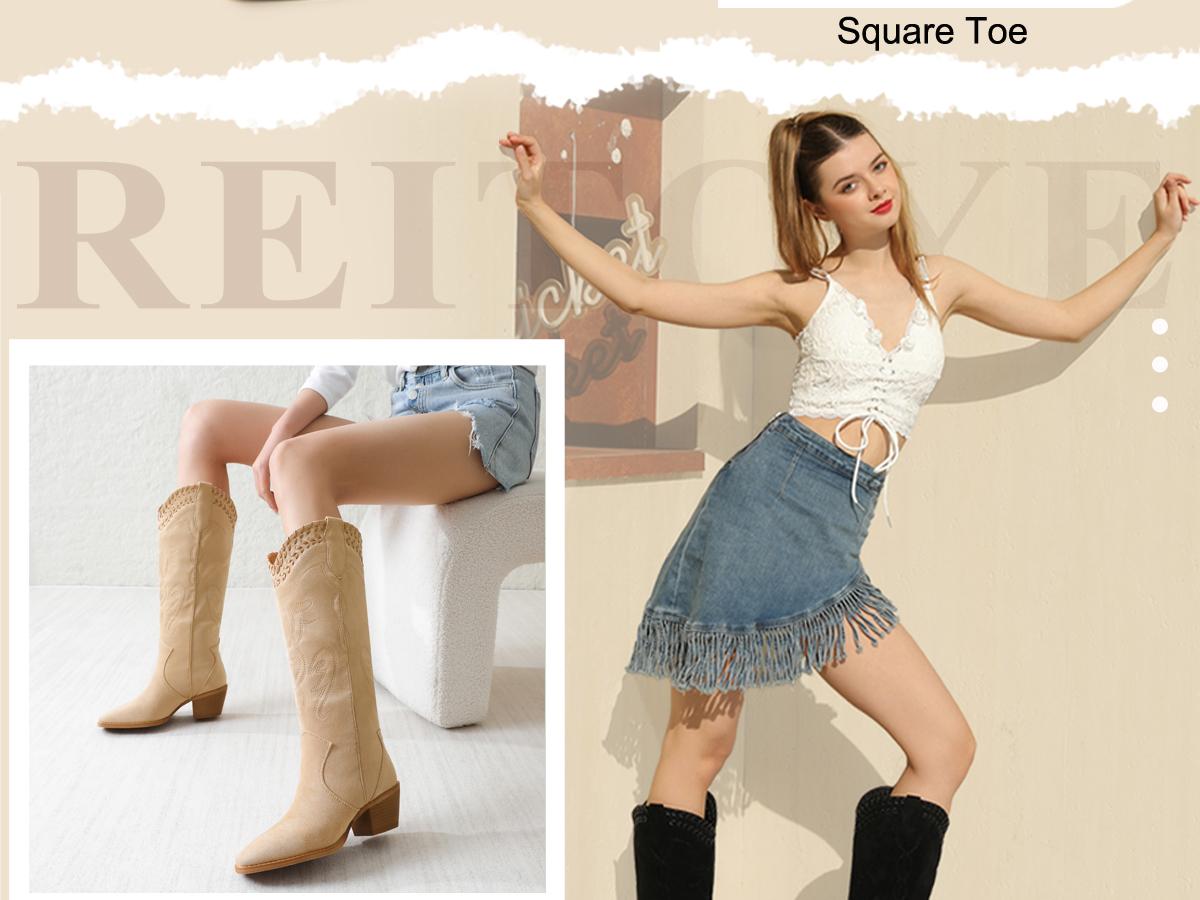 Cowboy Boots for Women Embroidered Woven Knee High Cowgirl Boots Square Toe Chunky Heel Pull On Country Boots