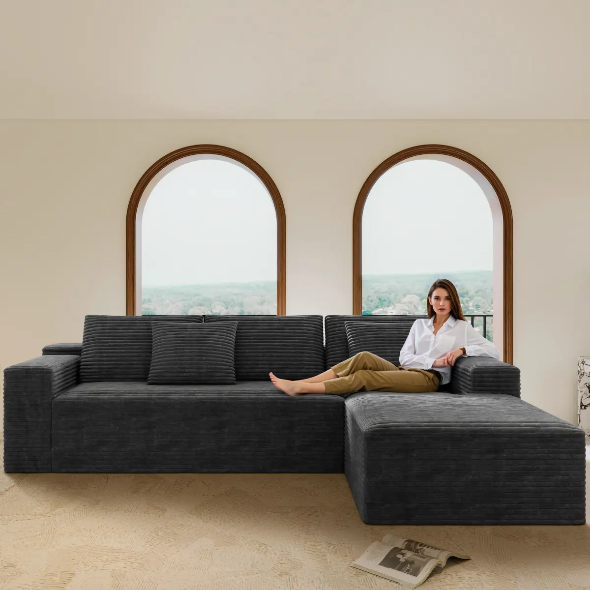Grey Plush Corduroy Modular Sectional Sofa - 2PC Free Combination 104.3x68.9" Pre-Assembled Comfy Couch, Upholstered Compressed Furniture for Living Room Decor, Apartments