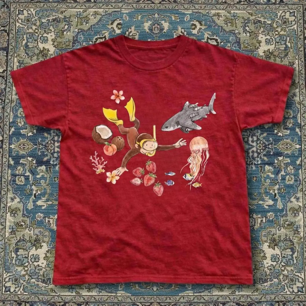 Antique Red Curious Monkey graphic t shirt Vintage y2k Inspired Baby Tee,  aesthetic graphic tshirt, summer tee, 90s,y2k