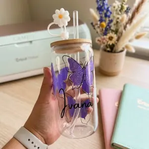 Personalized Glass Bottle with Purple Butterfly Design and Flower Lid - Custom Name Example: Ivana