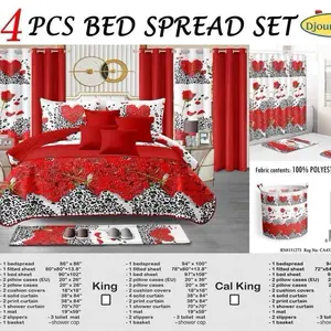 Djour 24 PCS Bed Spread Set - 100% Polyester, King Size, Red & Black Floral Design, Includes Fitted Sheet, Pillowcases, and More