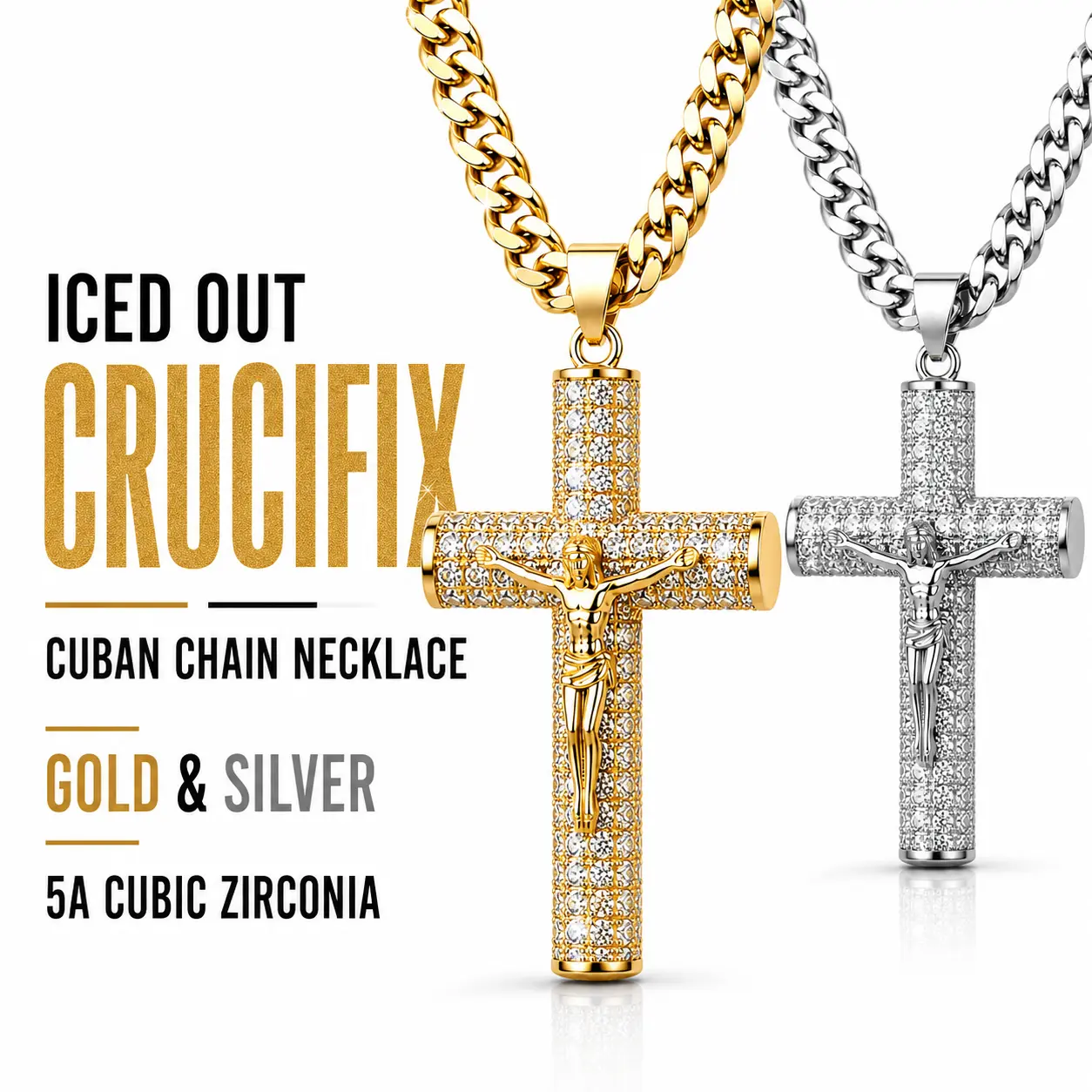 14K Cuban Cross Necklace for Men,Advanced Nanotech Tarnish-Free Cuban Figaro Rope Miami Chains with Jesus Crucifix Pendant,24"Long, Christian Religious Jewelry Gift