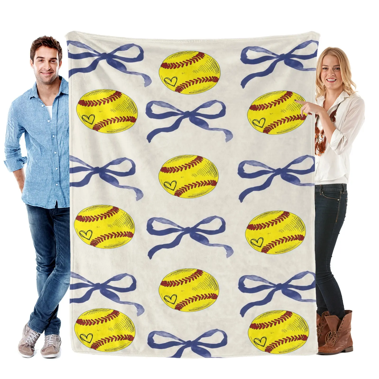 Softball Coquette Bow Flannel Blanket, Cute Softball Throw Blanket, Blue Bow Sports Blanket, Softball Girl Gift, Ultra Soft Fleece Blanket for Bed Couch Sofa, All Season Cozy Blanket, Team Mom Room Decor