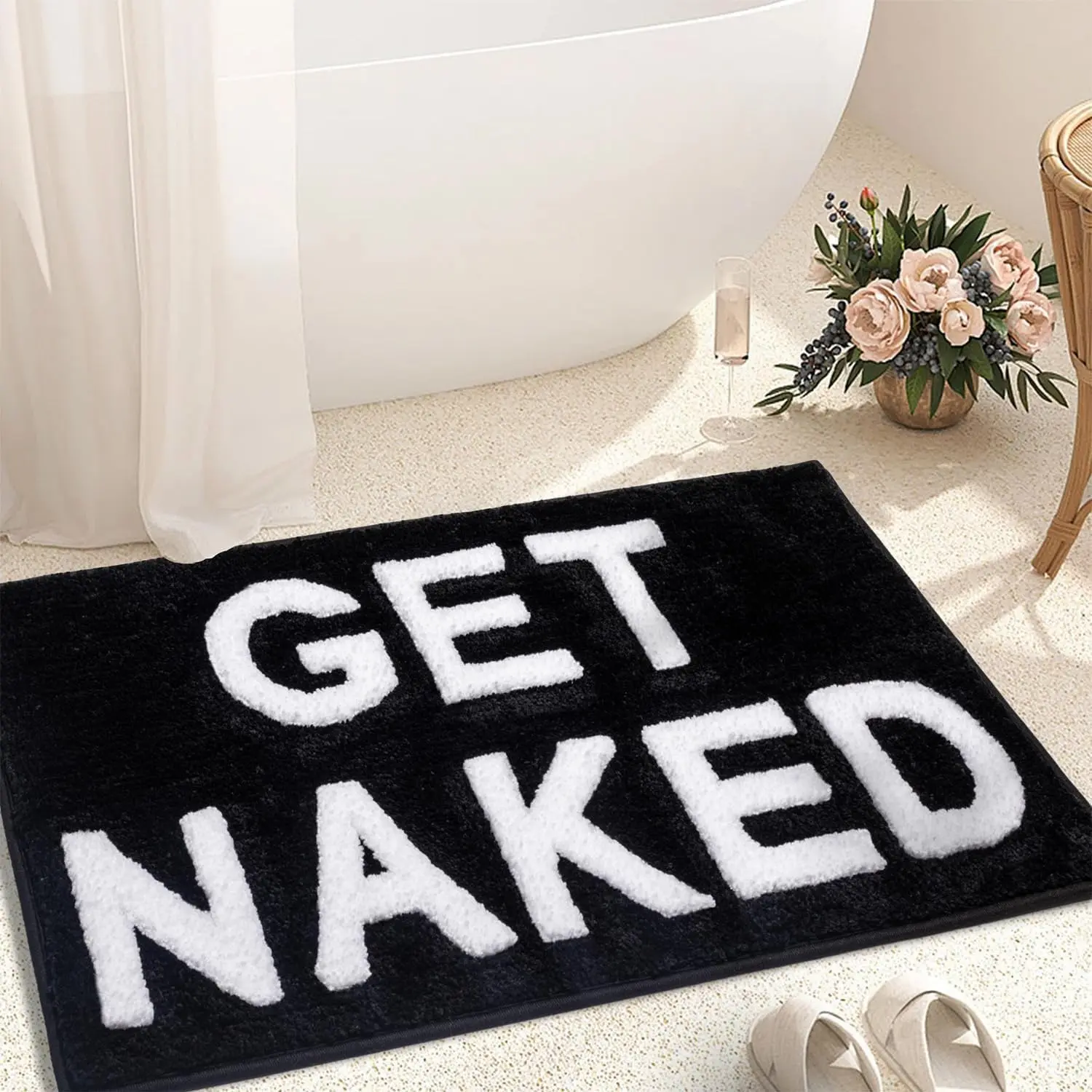 Get Naked Soft Rectangle Bathroom Mat (16in x 24in) - Non-Slip Black Thick Microfiber Bath Rug, Home & Bathroom Supplies, Absorbent for Floor & Shower, Durable, Cold Wash Compatible, Bathroom Mats