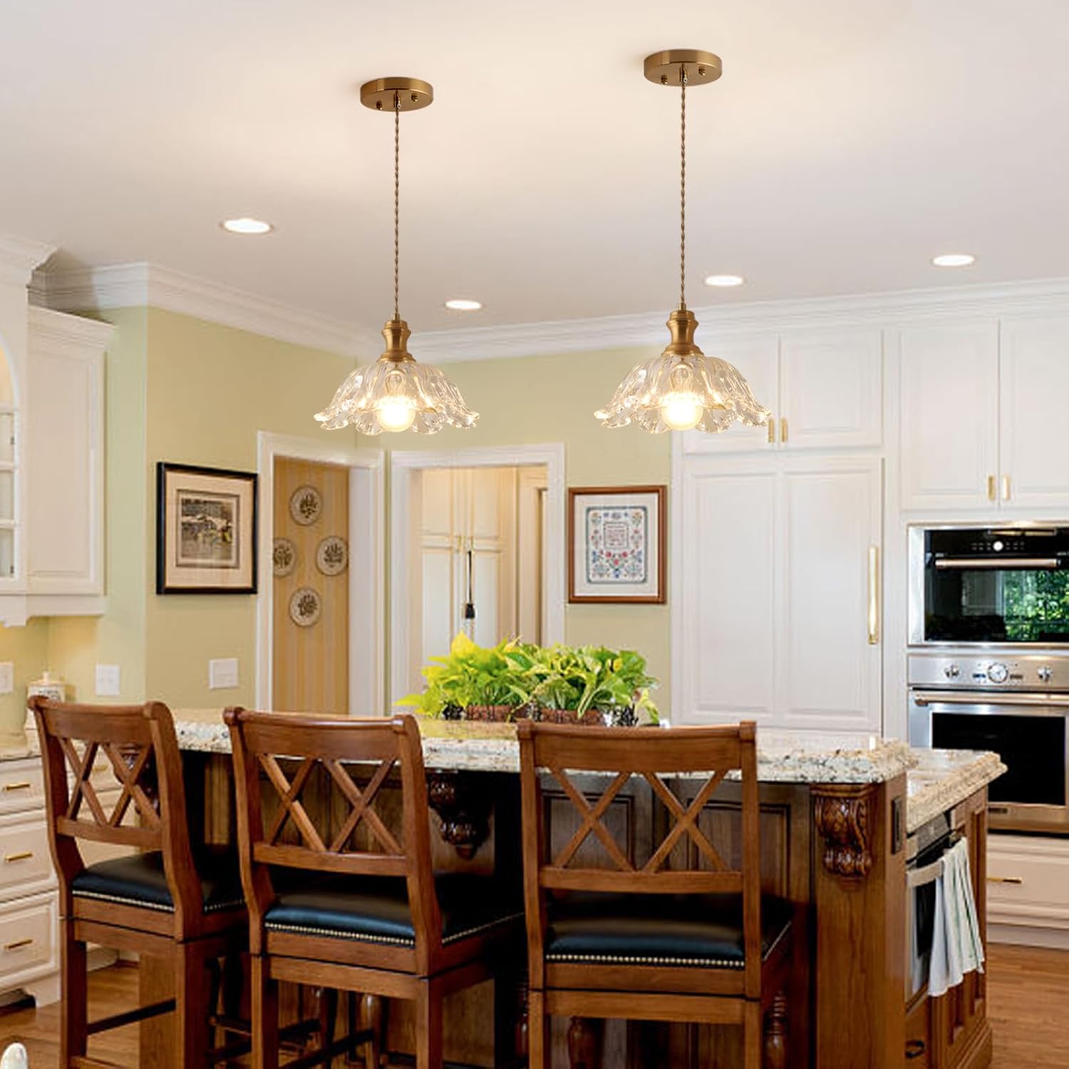 Gold Glass Pendant Lights, 10.6" 1-Light Vintage Hanging Light Fixtures with Flower Clear Glass Antique Brushed Brass Pendant Lighting for Kitchen Island Sink Dining Room