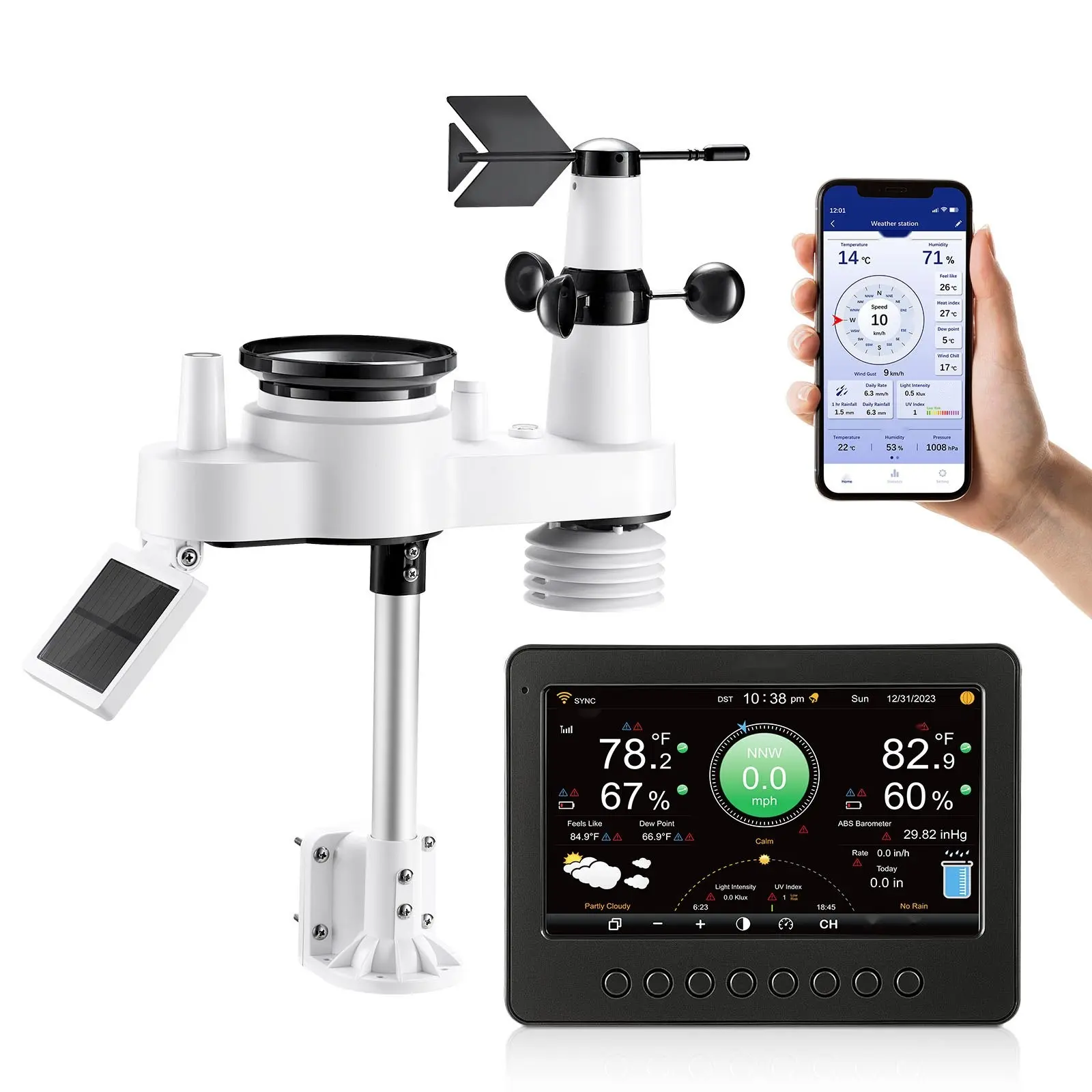 7-in-1 Wi-Fi Weather Station with 7-Inch TFT Display, Solar-Powered Outdoor Sensor, Indoor/Outdoor Weather Monitor, Rain Gauge, Wind Speed and Direction, Temperature, Humidity, Rainfall, Data Logging, Weather Forecast