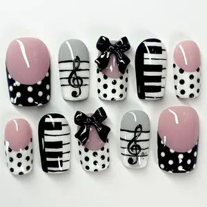 Musical Piano Press On Nails with 3D Bows & Polka Dot Coquette Art, Handmade Black White Cute Custom Nail Set for Music Lovers