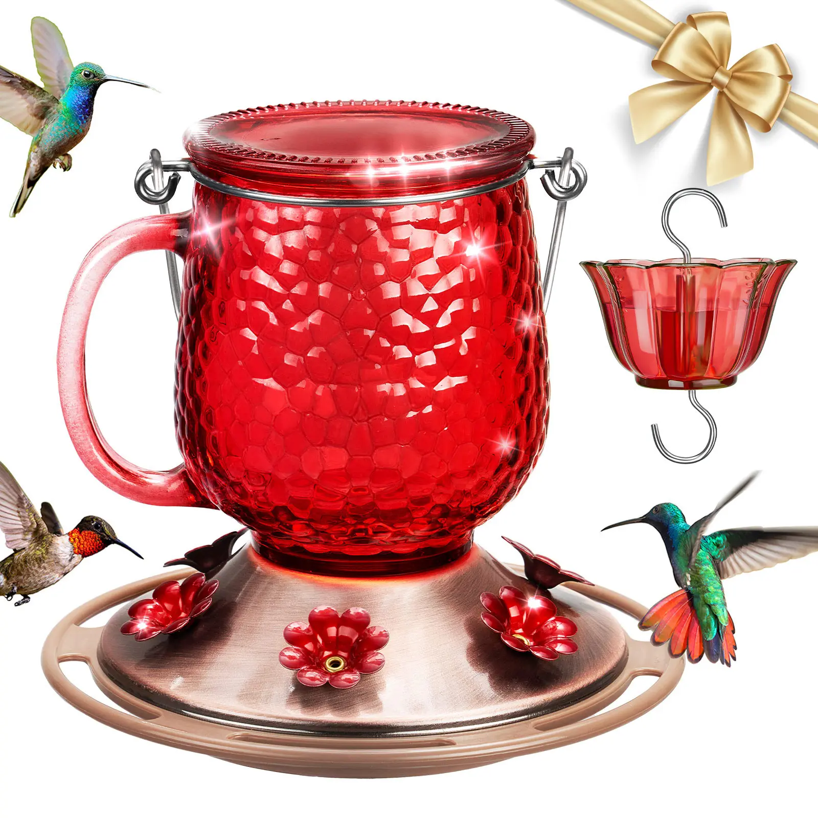 Kingsyard Hummingbird Season 2026 16oz Glass Feeder with Ant Moat 6 Ports for Spring Migration Leak-Proof for Garden Decor Charming Design