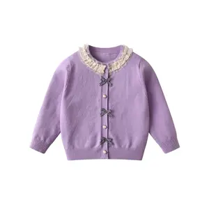 Girls' Elegant Knit Cardigan Sweater - Beige & Black Bow Accent Sweater, Soft Long Sleeve Button-Front Closure, Warm Breathable Sweater for Spring/Fall, Perfect for Everyday, Parties, School, and Outdoor Activities - Girls' Sweater, Party Outfit, Classic