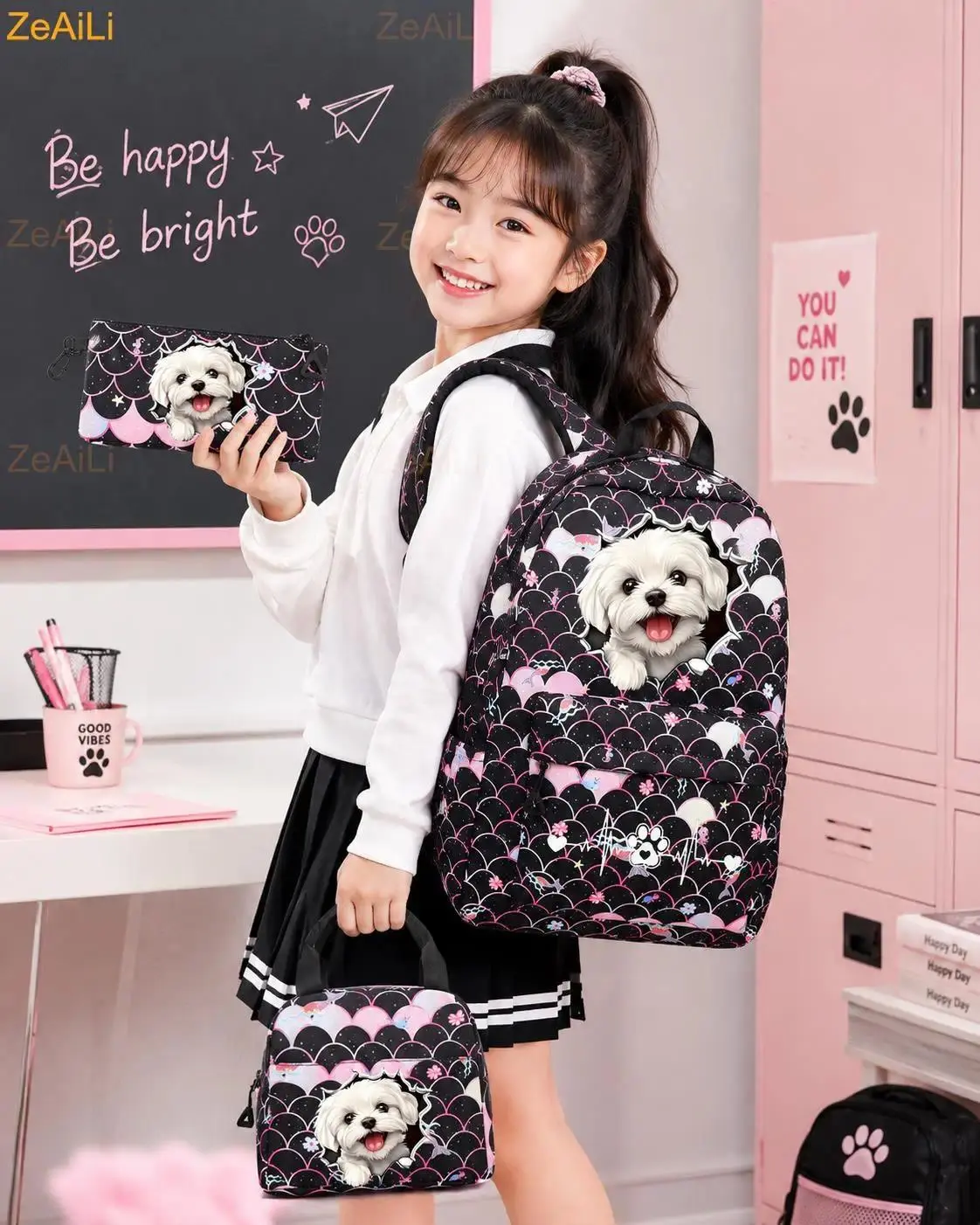 3Pcs/Set White Puppy Maltese Dog Fish Scale Backpack for Women Casual School Bags with Lunch Bag Girls Student Teenager Rucksack