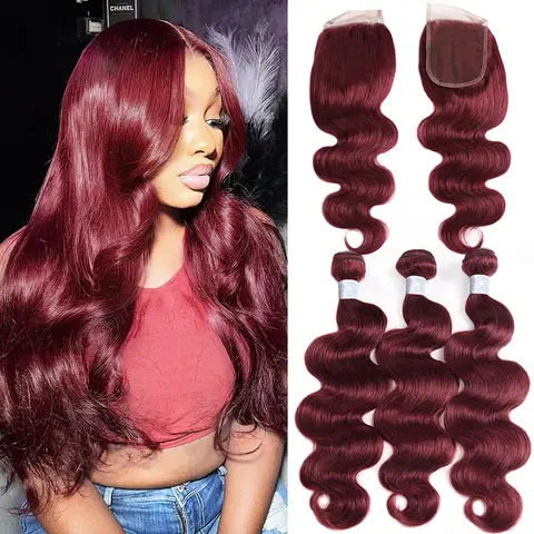 #99J Burgundy Wavy Brazilian Real Hair Bundles with 4x4 Lace Closure, Sew-In Weave, Bundles of Human Hair Extensions, 12-28 Inch, Real Hair Extensions