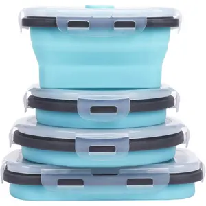 Collapsible Silicone Food Storage Containers with Airtight Lids, Set of 4 Stacking Container, Microwave and Freezer and Dishwasher Safe, with Vent Valve, (350ml and 500ml)
