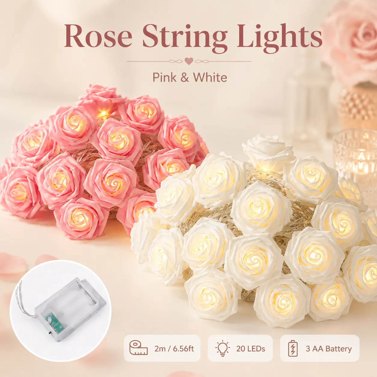 20 LED Rose Flower String Lights, 2M Battery Operated Fairy Lights with Rose Shaped LEDs, Warm White Decorative Lights for Bedroom, Wedding, Party, Valentine’s Day, Christmas and Home Decor, Interior Led Lights, Led Decoration