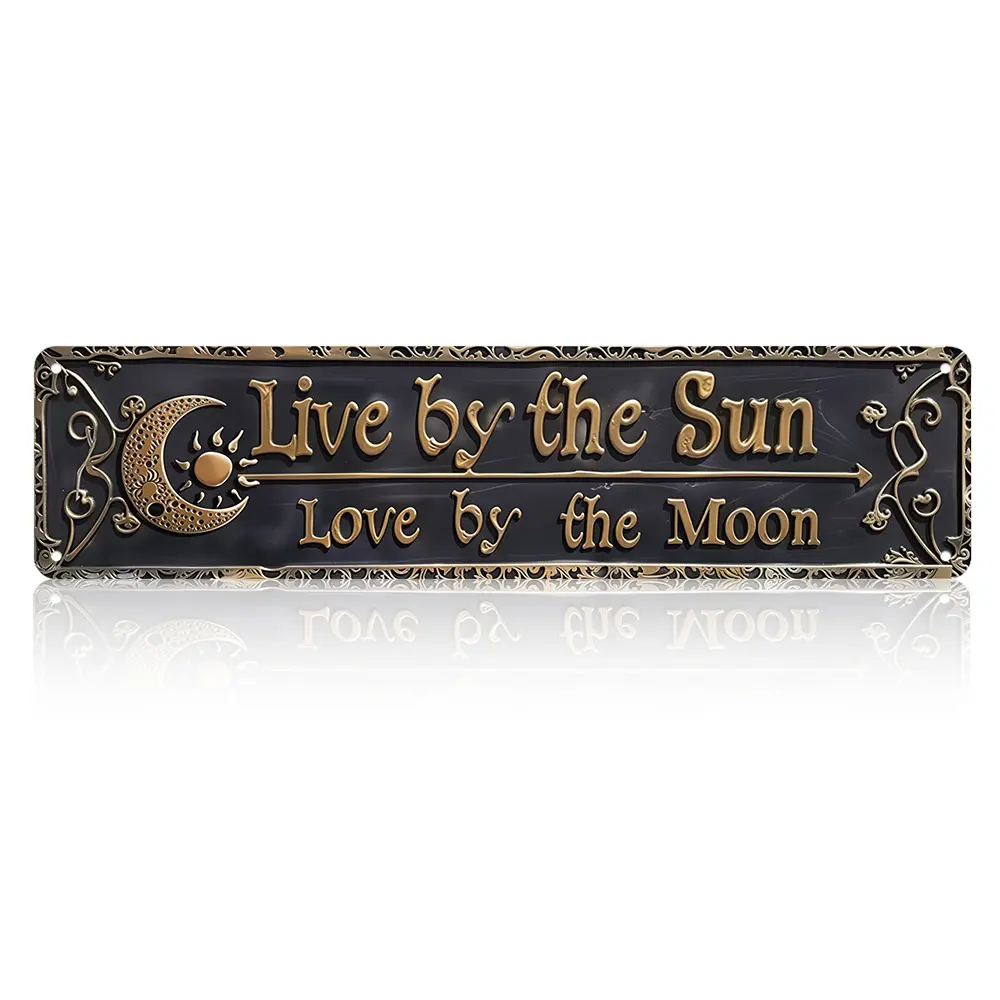 Ornate Gold Scroll Lightweight Alum Decorative Street Sign - 4x16 In, Waterproof, Black Embossed Vintage Celestial Crescent Sun Plaque, Witchy Gift, Whimsical Wall Art, Outdoors/Daily Home Decor