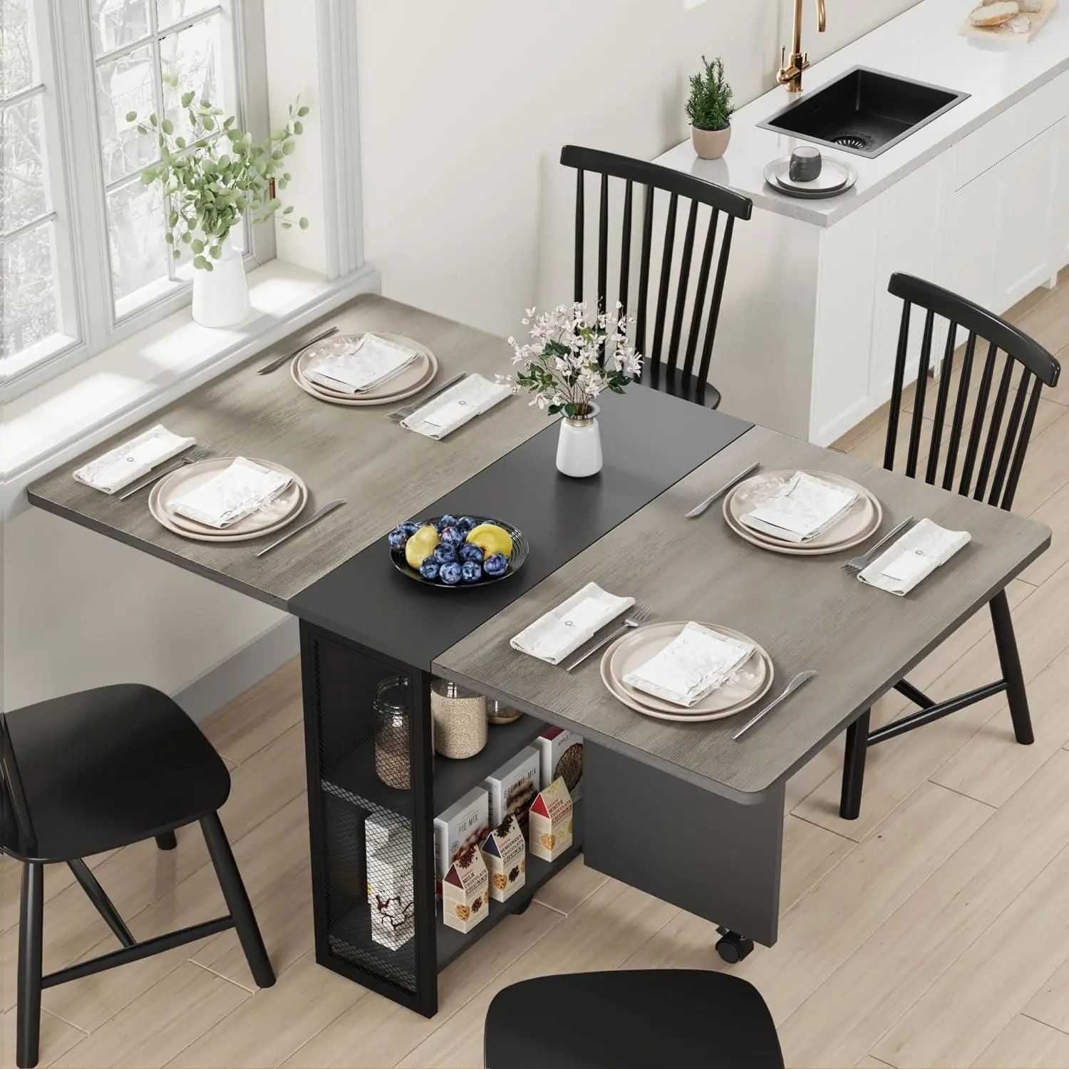 Slate Oak Folding Table,Drop Leaf Dining Table with 6 Wheels and 2-Layer Storage Shelf, Space Saving Table for Small Spaces,50.1" D x 31.4" W x 29.5" H