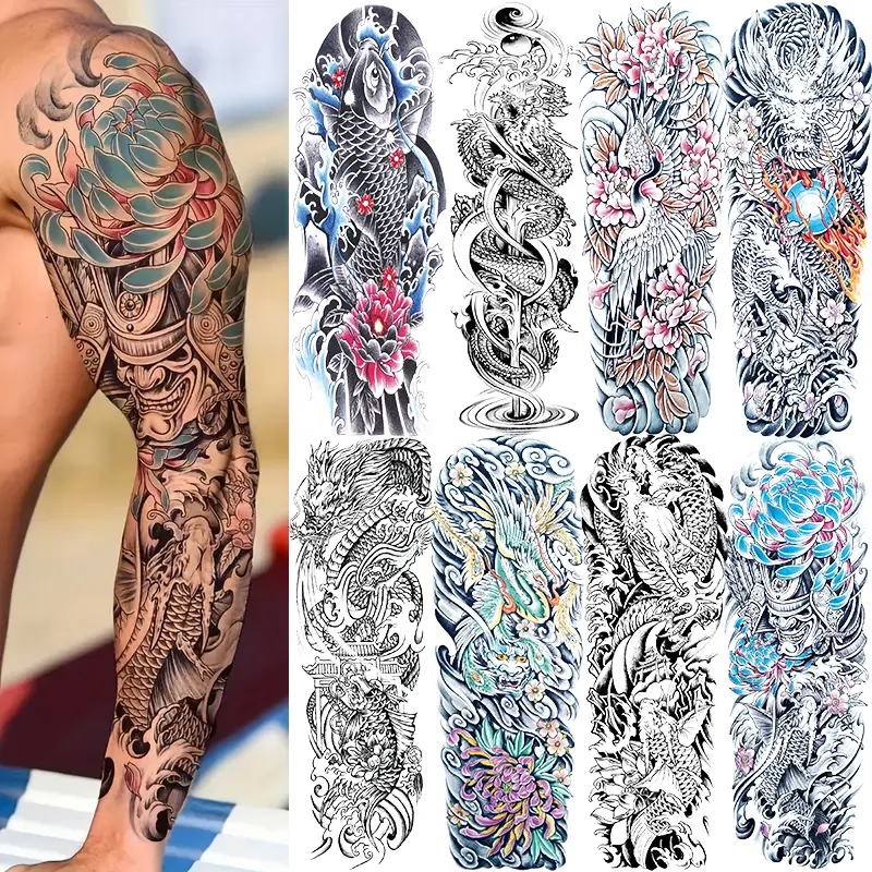 8 Sheets Full Arm Temporary Tattoos, Colorful Dragon Crane Carp Floral Designs, Long-Lasting Waterproof Realistic Body Art Stickers for Men Women, Painless Tattoos Fake Tattoo