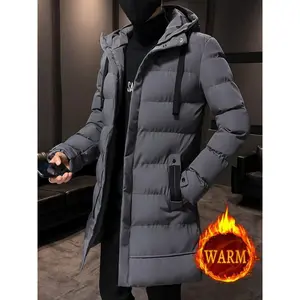 Men’s casual hooded puffer coat, 100% polyester, solid color, long length, non-stretch fabric, regular sleeves, filled (padded), zip placket, pocket detail; warm outerwear for fall/winter, cotton collar.