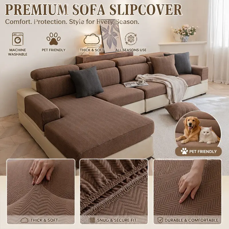 Elastic Sofa Cover Set, Herringbone Pattern, Thick Soft Fabric, Non-Slip, Pet-Friendly, Universal Fit for Sectional Sofas, Stretchable Sofa Cover, Couch Cover, Sectional Sofa Covers