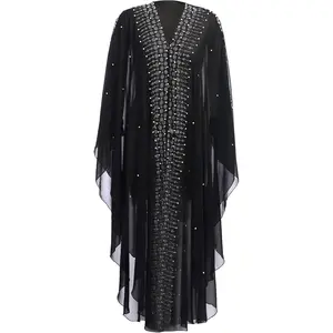 Women Muslim Cardigan Hijab Dress Batwing Hot Drilling Chiffon Kimono Islam Kaftan Robe African Dresses