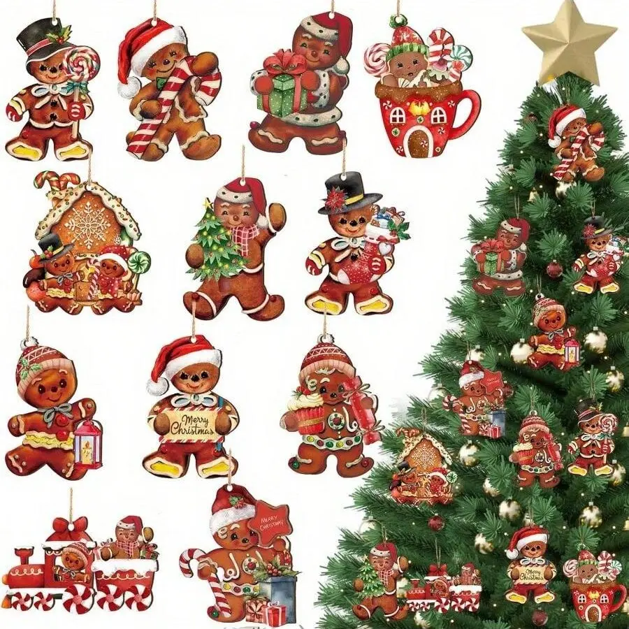 24pcs Wooden Christmas Hanging Decorations, Vintage Gingerbread Man House Tree Ornaments, Holiday Home Party Supplies Gifts