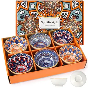 Bohemian Style Ceramic Rice Bowls 10 oz Set of 6, Kitchen Tableware for Cereal Soup Desserts Snacks Fruits Salads Safe for Food Cold & Hot Food Use - Dinnerware