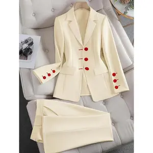 Beige Double-Breasted Blazer Suit Set for Women - 100% Polyester, Casual Straight Leg Pants with Red Dot Accents, Machine Washable Long  Fabric Sleeve Fit Clothes
