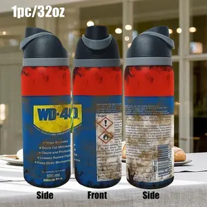 1pc 32oz Stainless Steel Insulated Mug Vacuum Insulated Cup WD-40 Rust-Themed Distressed Portable Sports Mug with Portable Handle and Spout Travel Tumbler. Suitable for outdoor, indoor, and gym use. A personalized birthday/holiday gift
