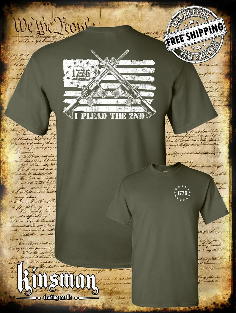 I Plead The 2nd Amendment Pro-Gun T-Shirt / AR-15 Rifle American Flag USA Freedom  MILITARY GREEEN
